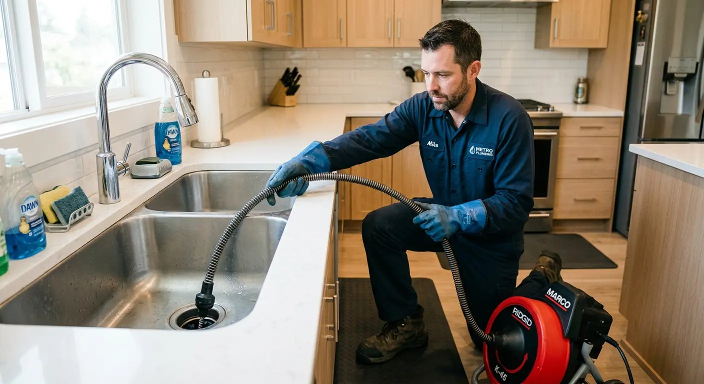Drain cleaning technician using a motorized snake on a kitchen sink in Ives Estates