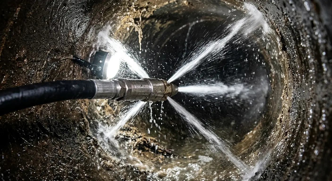 High-pressure hydro jetting nozzle cleaning sewer pipe for Sewer Line Relining in Ives Estates