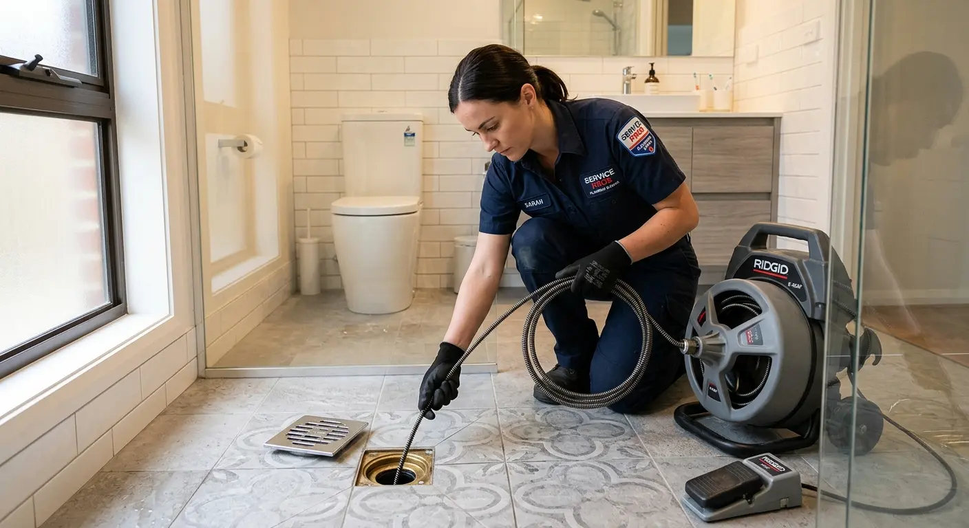 Technician clearing a bathroom floor drain for Drain Cleaning in Ives Estates